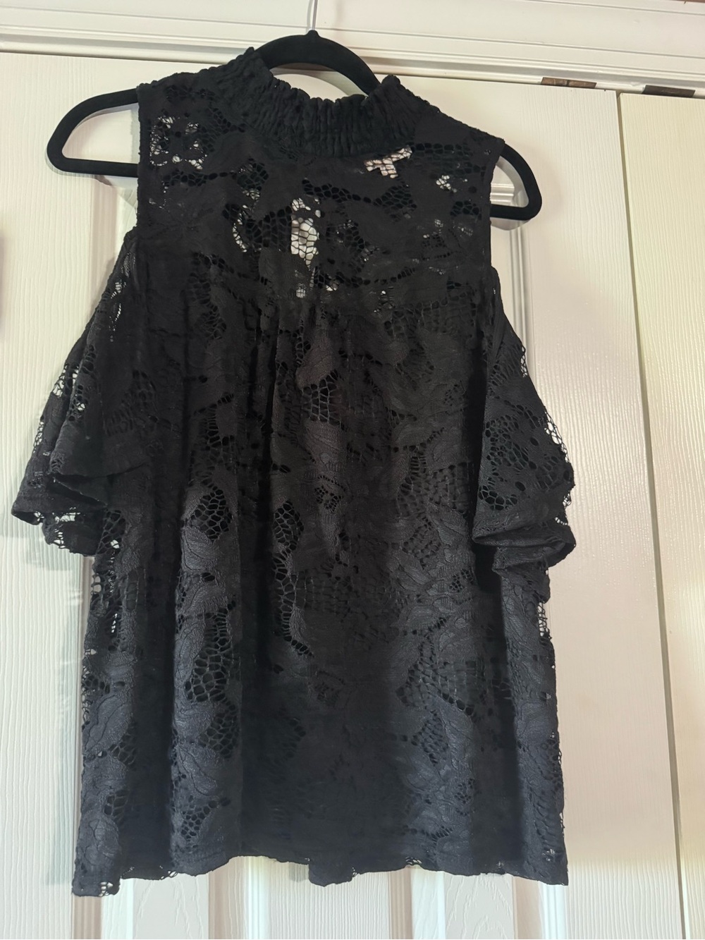 Smocked Neck Black Lace Cold-Shoulder Dress